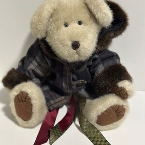 Vintage Boyd Plush Teddy Bear in Cream and Brown with Plaid Coat - Kids Toy